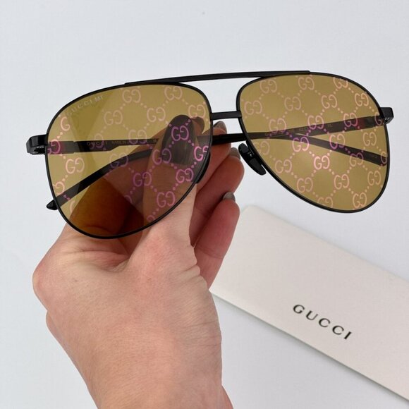 Gucci GG1677S 005 BRAND NEW Sunglasses Black Yellow Mirror Logo Pilot Unisex - Picture 1 of 10